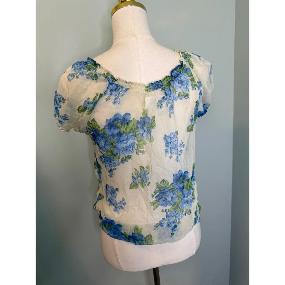Abercrombie & Fitch‎ Blue Floral Ruffle Sheer Blouse Smocked Hem Size Medium Y2K